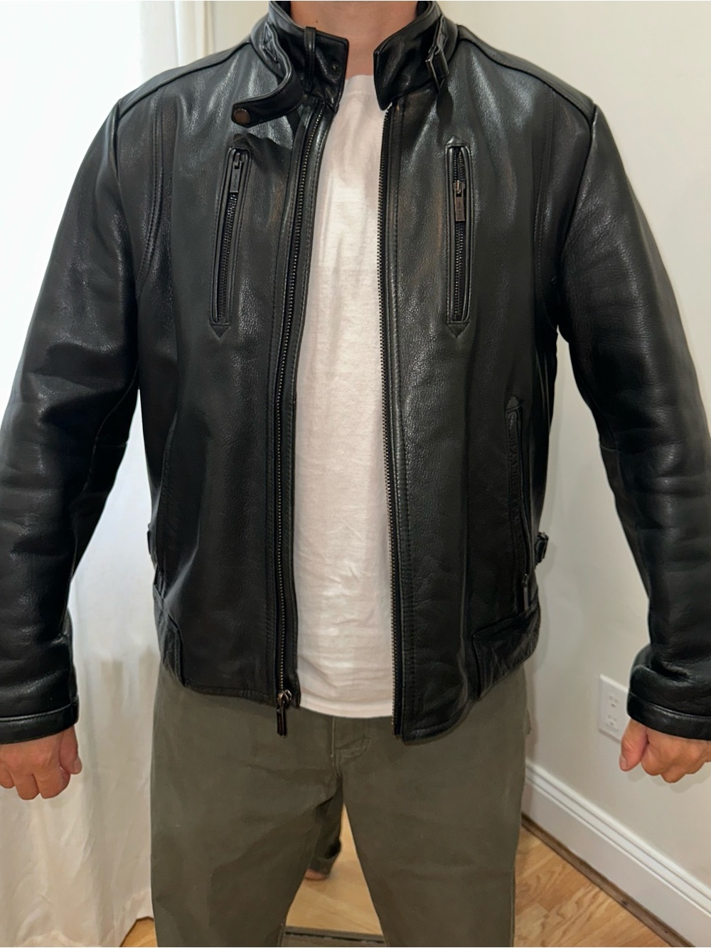 Men's Black Calvin Klein Leather Moto Jacket - Classic Biker Style